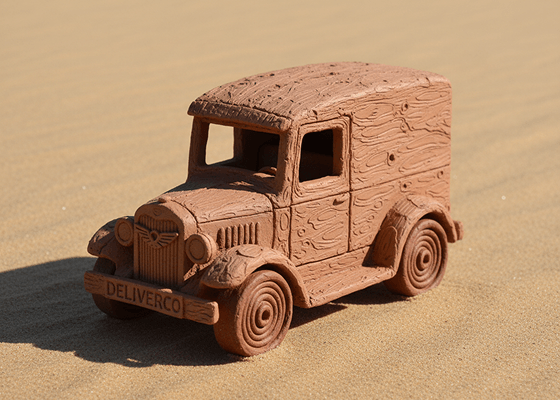 A small toy delivery van on a sandy surface