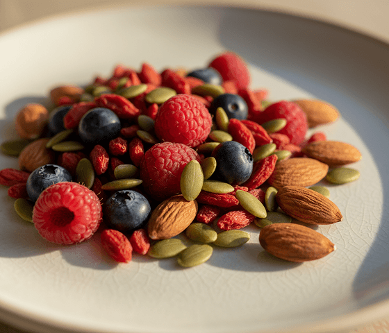 A plate of mixed nuts, berries and seeds