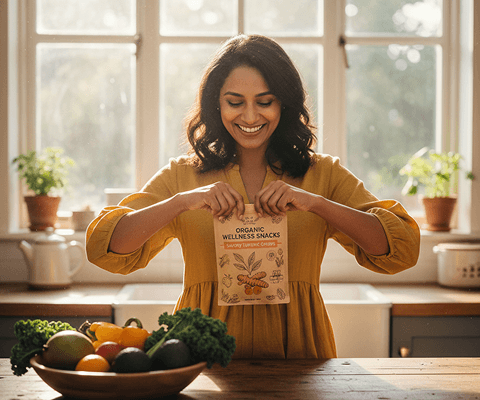 A mother arranging fresh produce in her kitchen