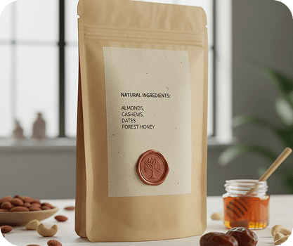A sealed pouch of natural ingredients next to a jar of honey
